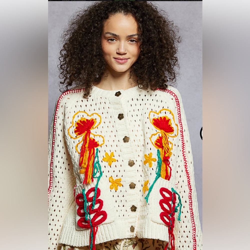 POL beautifully Embroidered Floral Women Sweater - Cream, Red, Yellow - Picture 2 of 6